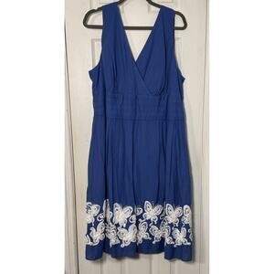 Connected Apparel Blue Dress With White Embroirdrered Detail On Hem Flowers 22W